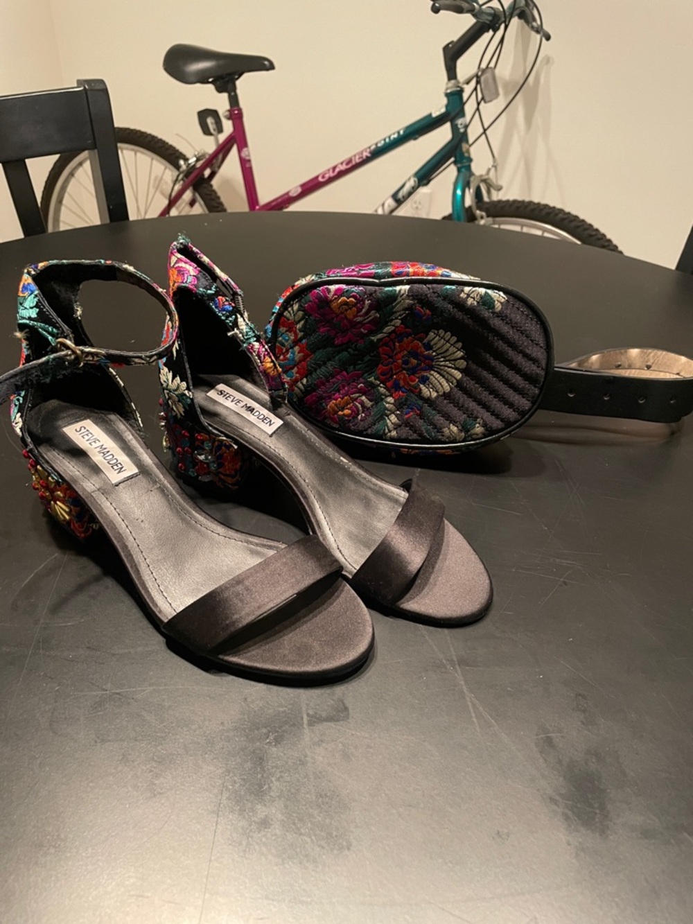 Steve Madden Black Satin Ankle Strap Heels with Multicolor Embroidery